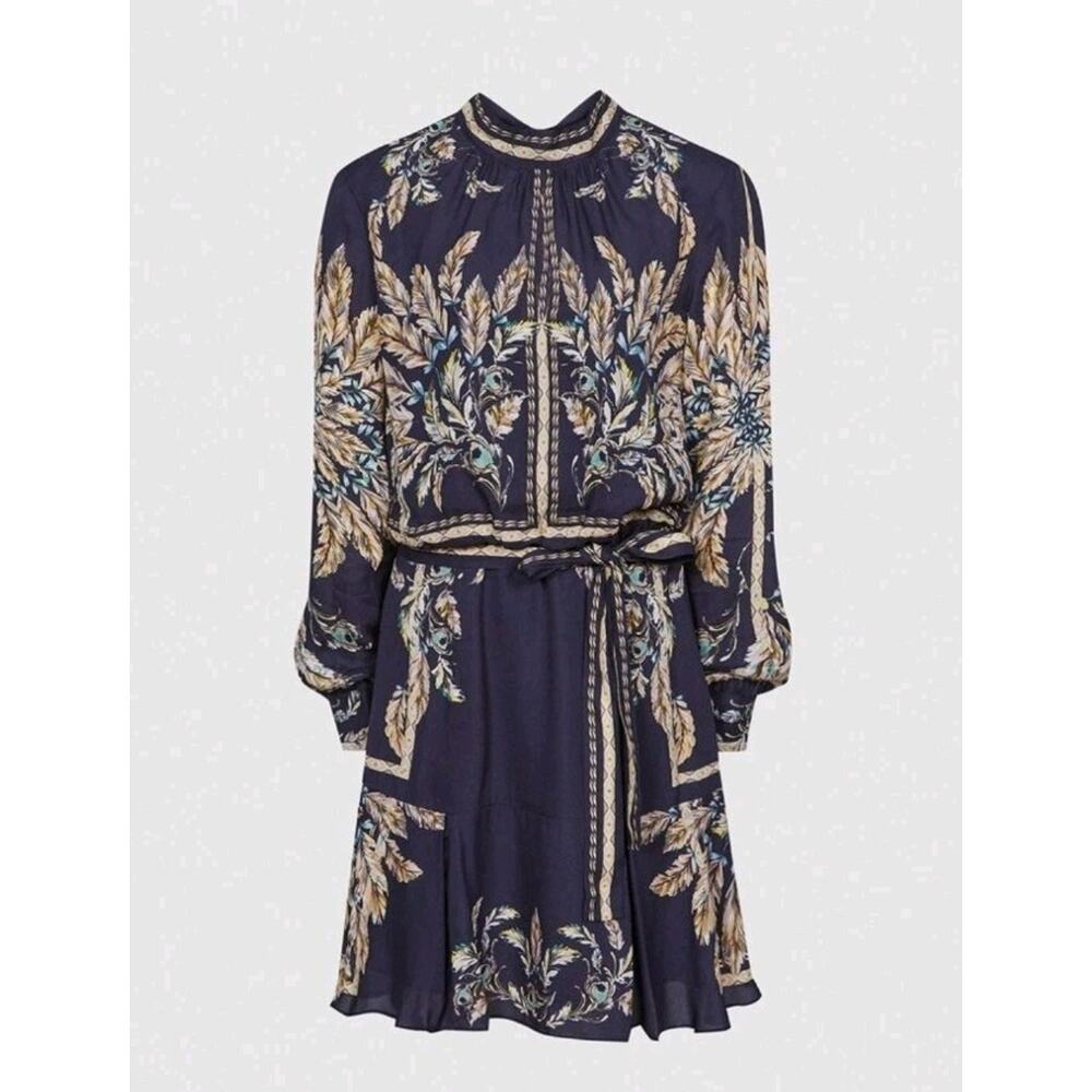 Reiss Maria Blue Feather Print Mini Dress Keyhole Zip Back Size 4
